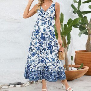 Sexy V-neck slim dress floral dress retro printed long skirt